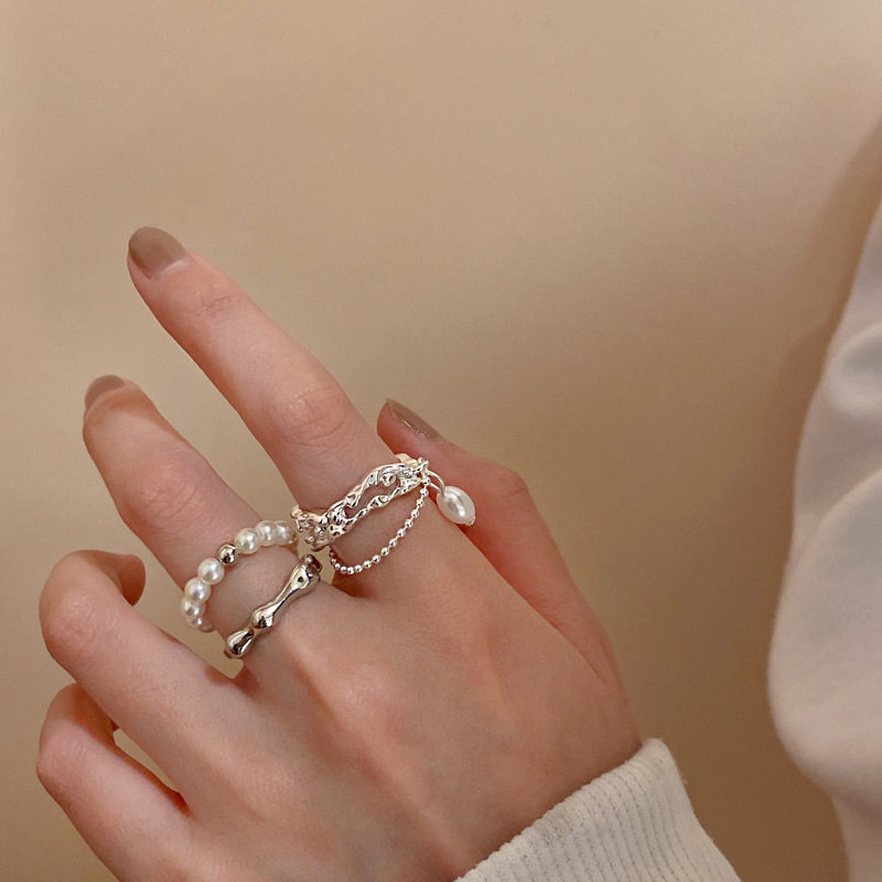 一恋甜酷双层珍珠戒指女时尚气质优雅流苏开口指环几何食指戒