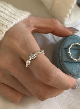 一恋蓝色滴釉花朵仿珍珠不规则戒指女轻奢时尚百搭气质食指环