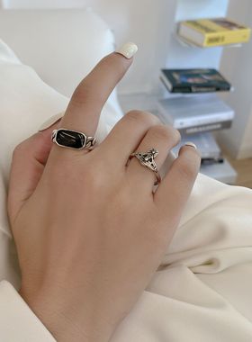 一恋韩版黑色矩形戒指女复古个性宇宙土星开口指环嘻哈食指戒潮