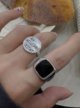 一恋黑色方块滴釉戒指女简约时尚百搭气质S925镀银开口指环ins食