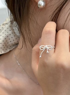 一恋简约蝴蝶结戒指女小众麻花绳结小圆珠开口指环百搭食