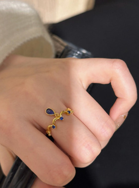 一恋蓝色水滴戒指女精致优雅轻奢蓝眼泪开口指环百搭食指