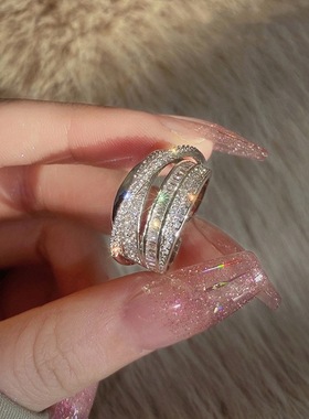 一恋轻奢风闪亮戒指女简约线条交叉气质宽边开口指环食指戒潮