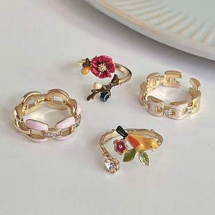 一恋超甜黄莺花朵戒指女小众设计时尚小鸟几何爱心开口戒指