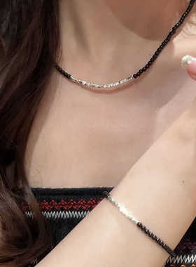 一恋黑色圆珠串项链女简约碎银百搭气质锁骨链ins风小众