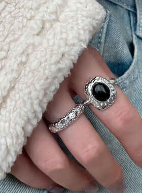 一恋甜酷叠戴黑色戒指女个性时尚气质开口指环小众网红百搭优雅食