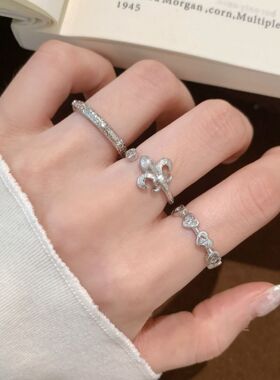 中古鸢尾花戒指女重工拉丝精致爱心开口指环百搭叠戴网红食指戒潮
