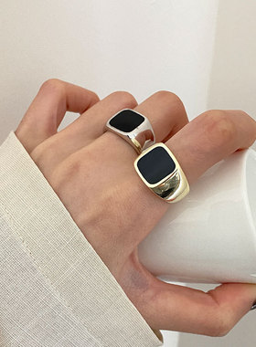一恋韩版创意黑色方形戒指女复古时尚夸张开口指环嘻哈食指