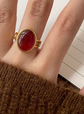 一恋法式宫廷风红色锆石戒指女几何椭圆精致轻奢S925银开口指环食