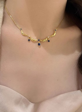 一恋复古花边蓝色水滴项链女精致优雅轻奢锁骨链波纹百搭