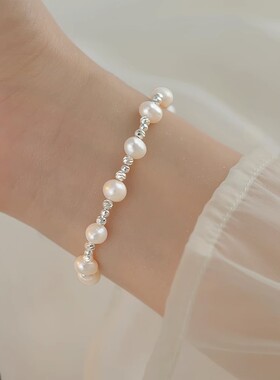 一恋甜美珍珠碎银手链女拼色气质