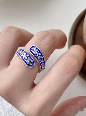 一恋烤蓝色青花瓷花朵戒指女新中式民族风复古百搭开口指环小众食