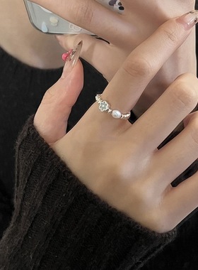 一恋蓝色花朵珍珠碎银子戒指女轻奢时尚小众精致指环食指