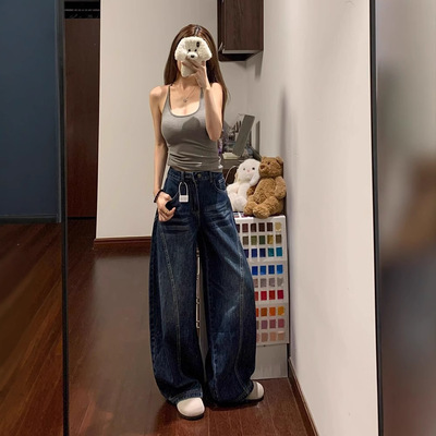 美式复古高街弯刀阔腿牛仔裤女春秋新款高腰垂感显瘦百搭拖地裤子