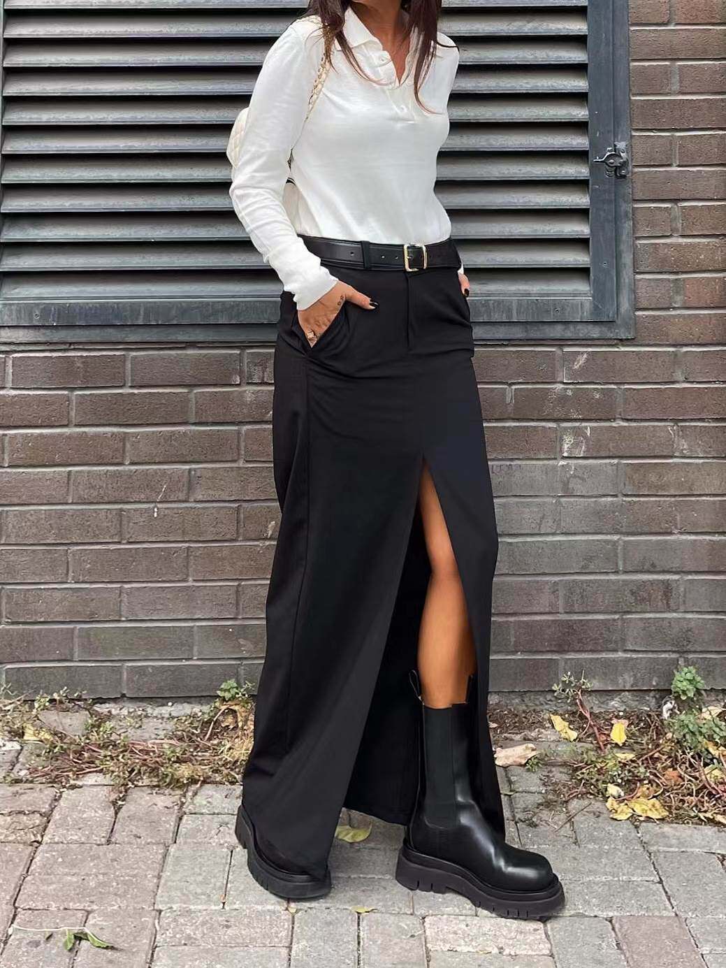 欧美风女士双口袋长裙高腰开叉长款半身裙High waist split skirt