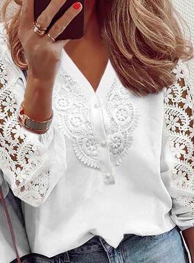春秋新款跨境欧美通勤V领白色系扣蕾丝拼接长袖衬衫上衣百搭shirt