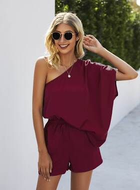 Women sexy off shoulder Jumpsuit性感露肩宽松连体裤居家连体衣