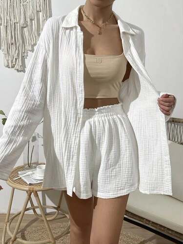 欧美女春夏纯色长袖衬衫休闲宽松短裤两件套Casual two-piece set