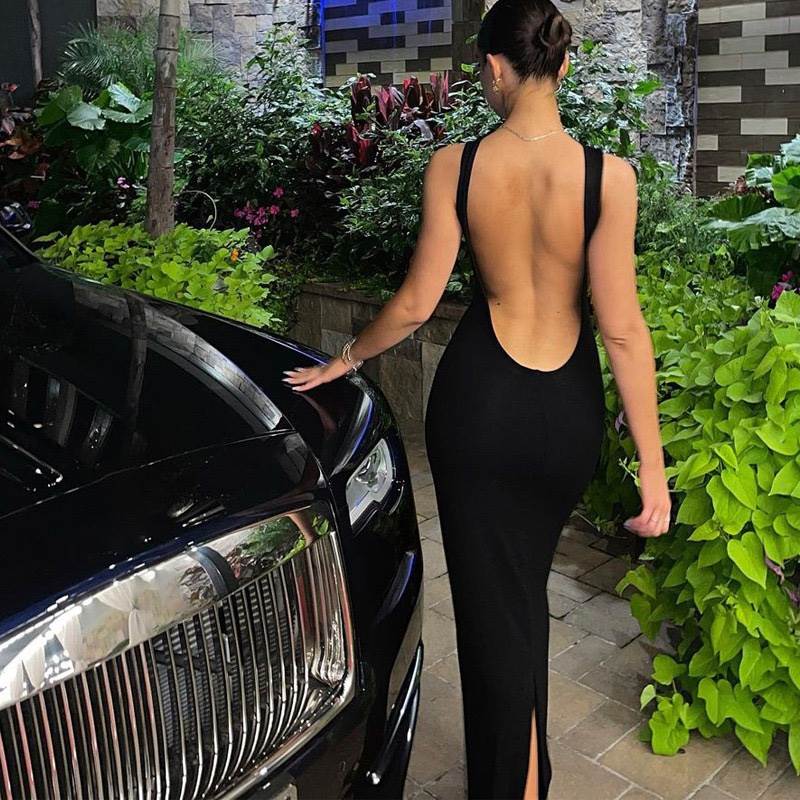 欧美时尚经典女装个性露背包臀开衩连衣裙无袖过膝长款裙子白色潮