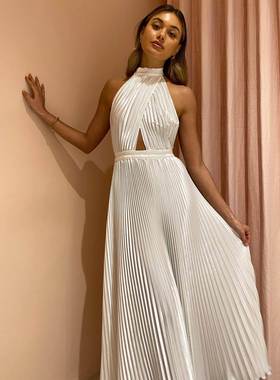 Pleated evening partyDress早秋欧美挂脖露背压褶礼服日常连衣裙