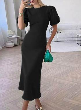 欧美纯色灯笼袖收腰时尚修身连衣裙Women Elegant Party Dress