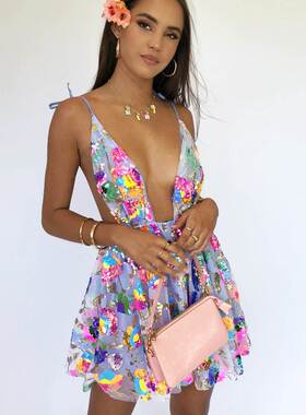 2023露背亮片碎花系带夜店派对短裙Sexy backless sequin dress