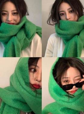 显白圣诞绿色加厚围巾女秋冬季百搭仿马海毛保暖克莱茵蓝围脖礼物