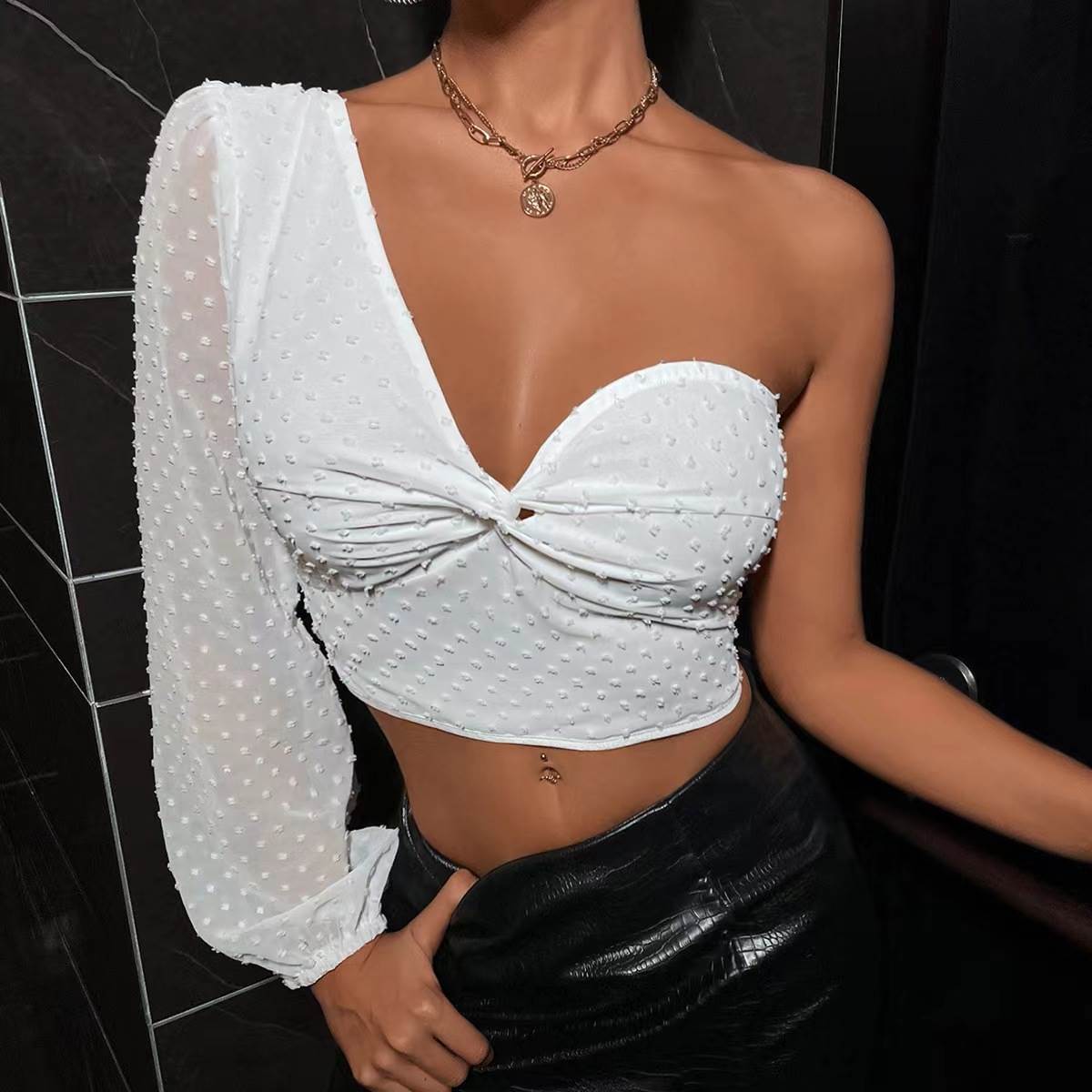 欧美系带不规则露脐波点上衣设计感T恤One Shoulder T-Shirt Tops