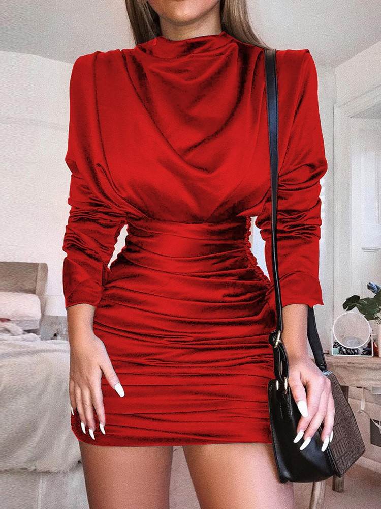 dresses 长袖连衣裙女个性简约纯色修身百搭打底包臀裙时尚潮短裙