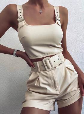 Eyelet Buckled Crop Tank Top & Shorts Set可调节肩带无袖