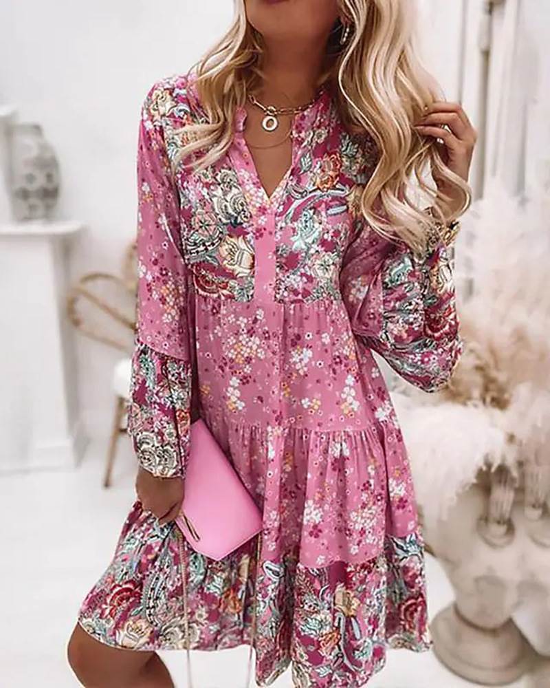 Women casual printed dress欧美时尚花卉拼接短裙分层迷你连衣裙图片