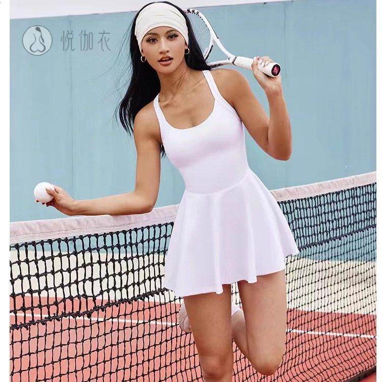 网球服女连衣裙白色运动网球裙新款防走光连体羽毛球裙