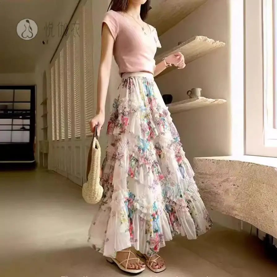 法式复古拼接裙子女春夏季彩色蓬蓬蛋糕裙海边度假网纱半身长裙子