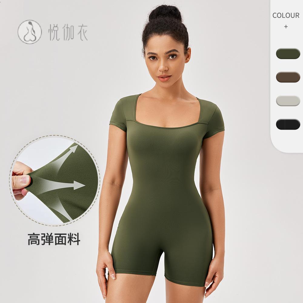 欧美紧身运动连体衣短袖女方领