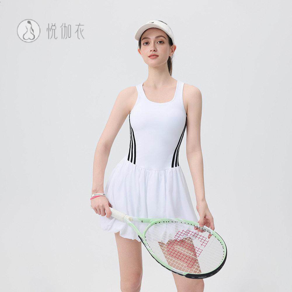 网球裙女连衣裙袖显瘦专业羽毛球服白色新款网球服花苞裙