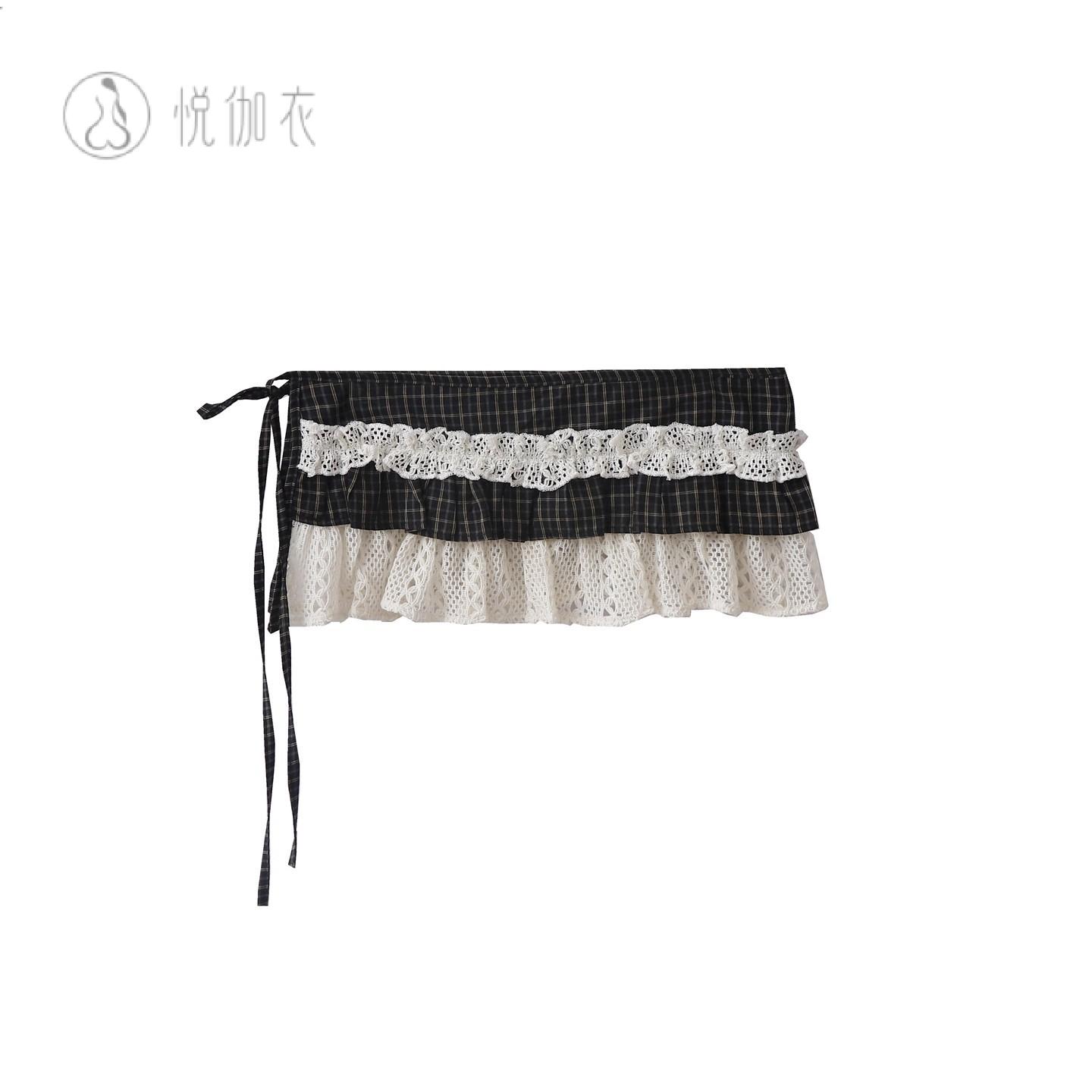 实拍美式复古学院风格子蕾丝拼接