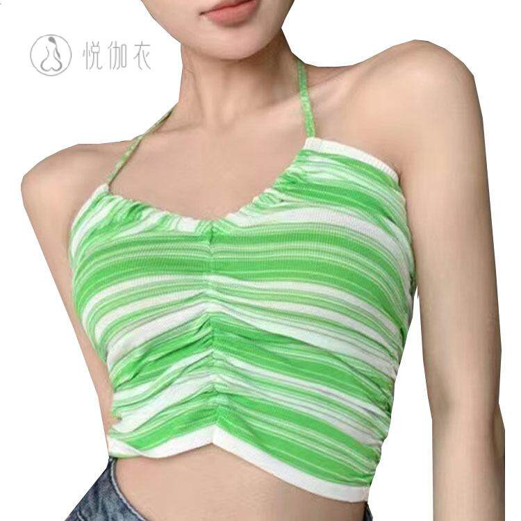韩版彩条挂脖瑜伽吊带女上衣