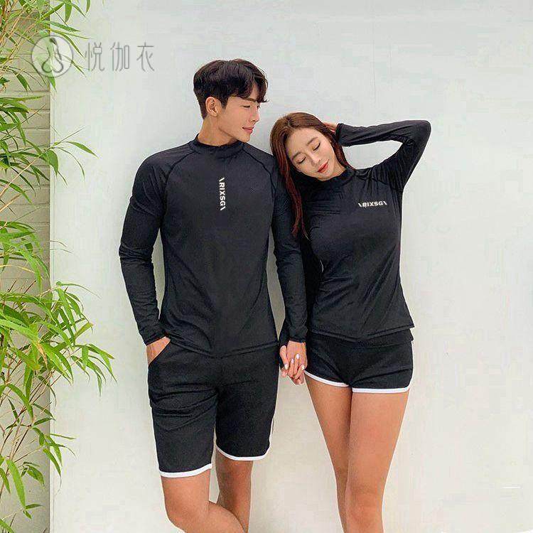 新款情侣泳衣女夏运动款裙式分体两件套显瘦性感海边沙滩男泳裤