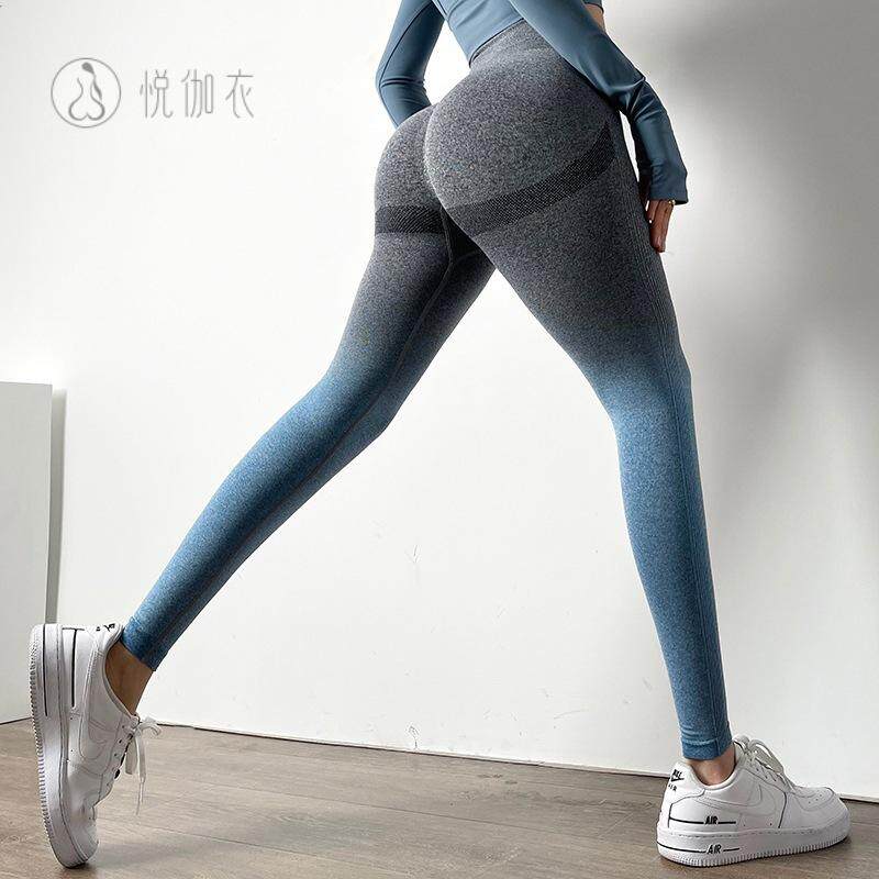 渐变提臀健身裤女网红紧身高腰跑步速干蜜桃翘臀外穿瘦腿瑜伽裤新
