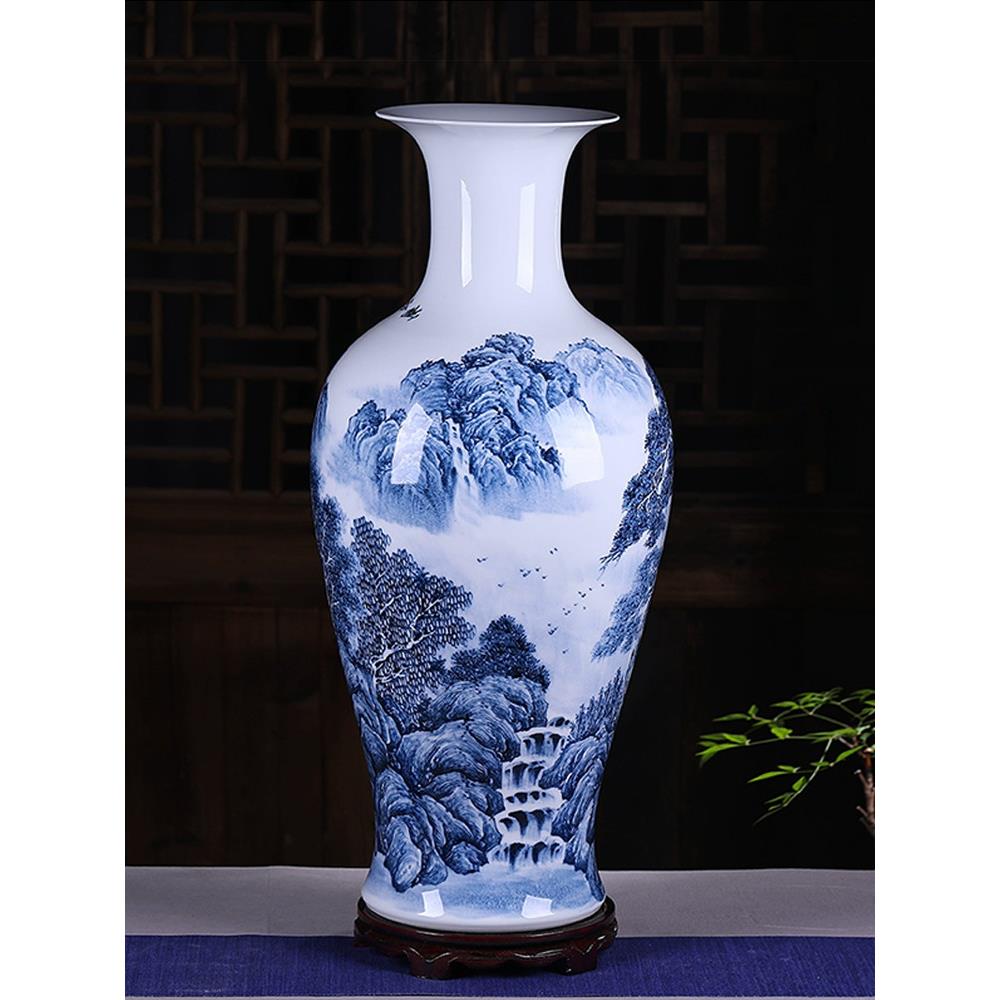 景德镇陶瓷器落地花瓶名师手绘大号青花山水中式客厅百搭装饰乔迁