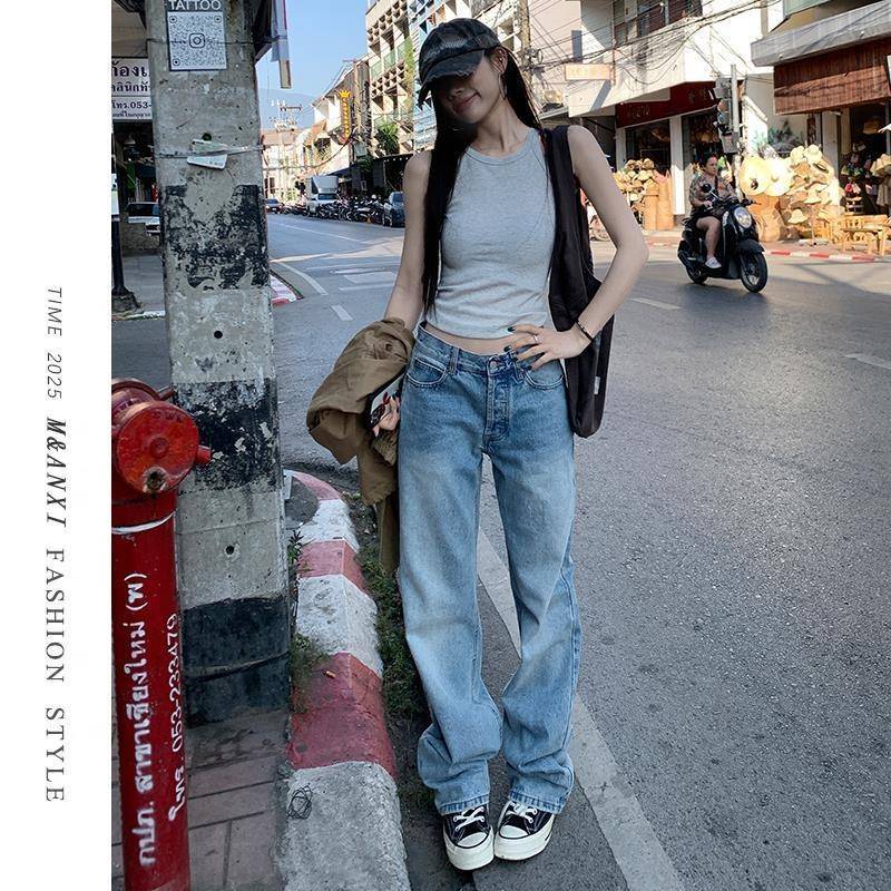 浅蓝色直筒牛仔裤女2025春夏新款美式辣妹显瘦百搭窄版宽松裤子