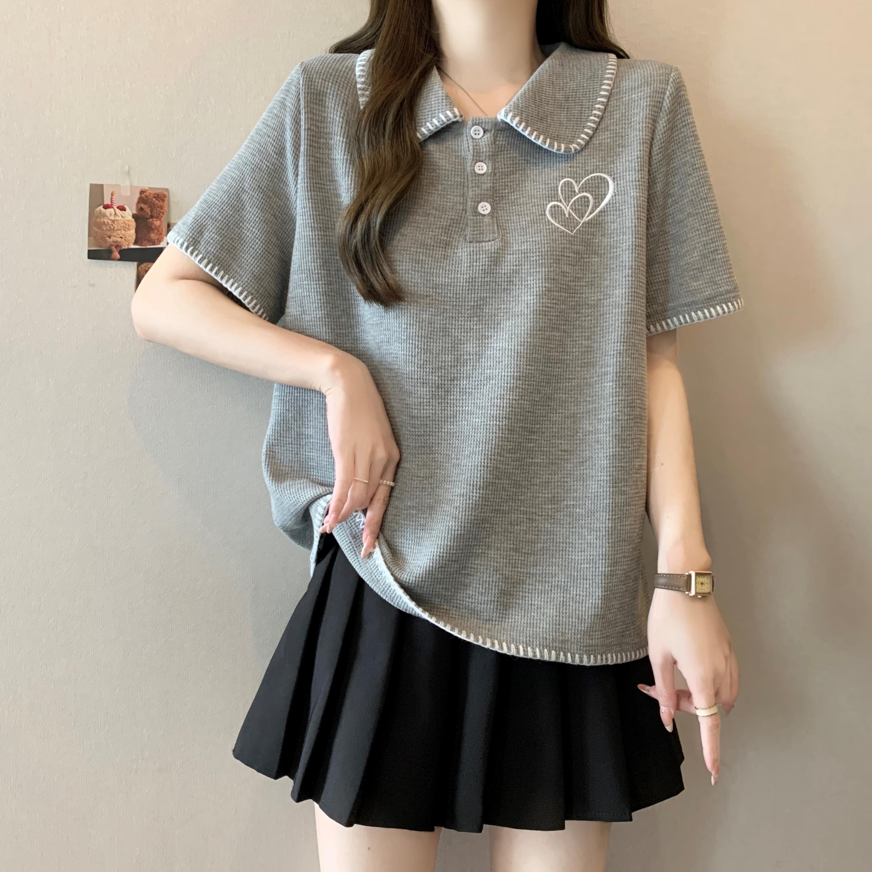 大码女装遮肚子POLO领减龄刺绣短袖T恤女夏季胖妹妹显瘦正肩上衣