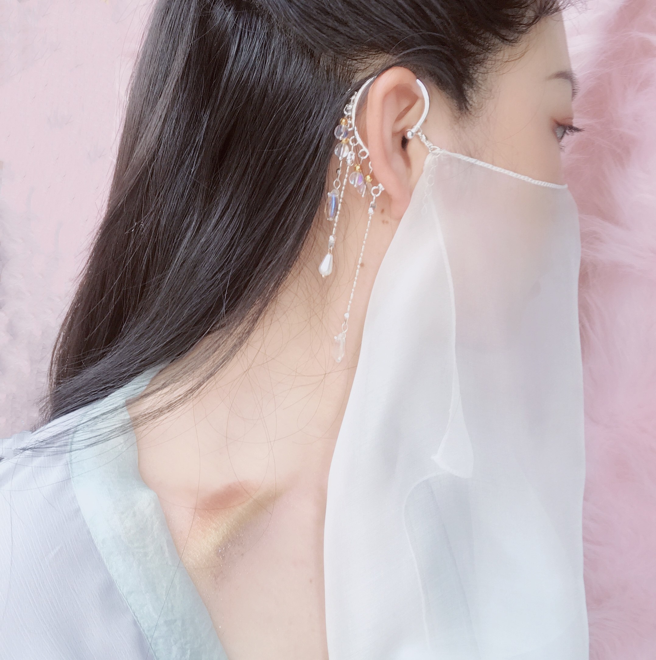 汉服配饰防晒真丝面纱网红超仙古风遮脸挂耳流苏宫廷面帘原创异域