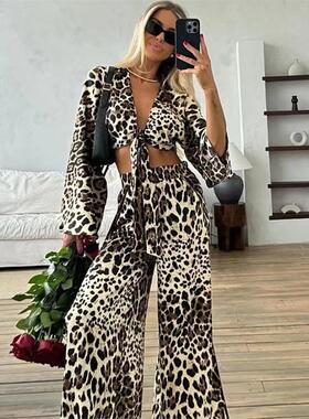 欧美新款时尚豹纹上衣长裤套装 Leopard print top and pants set
