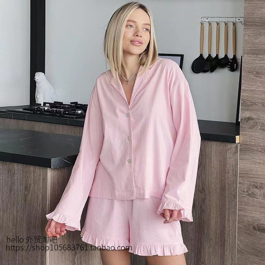 欧美风长袖上衣短裤荷叶边套装家居服 Ruffle top and shorts set