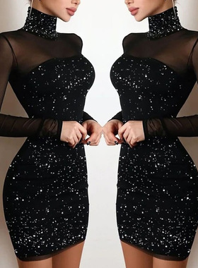 mesh bodysuit 秋季时尚黑色亮片高领网眼紧身连衣裙长袖派对礼服