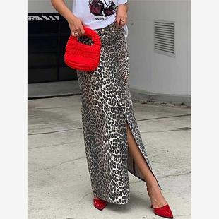 print 歐美風時尚 新款 豹紋高腰直筒開衩半身裙Leopard skirt slit