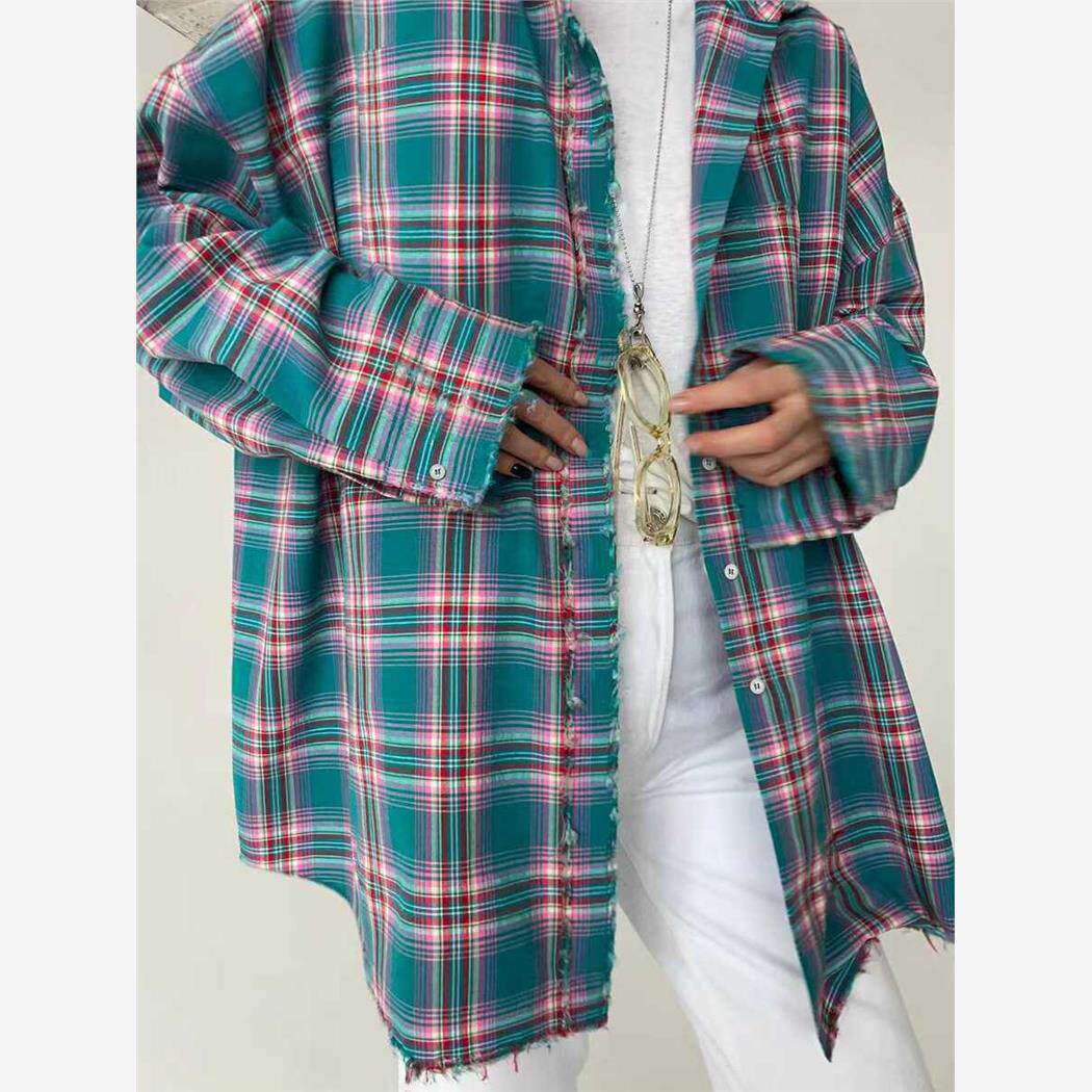 欧美风复古感宽松衬衣格子百搭休闲衬衫 Loose plaid lapel shirt