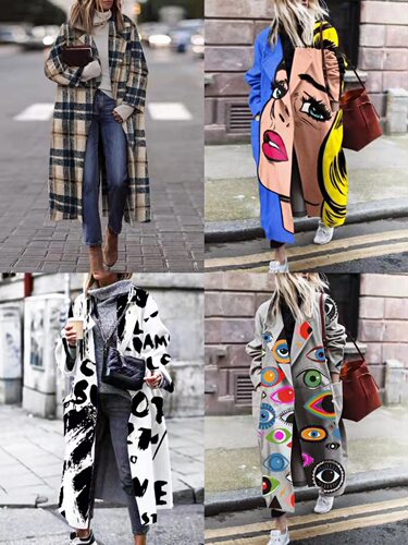 women long-sleeved lapel coat printed woolen 秋季薄款大衣女