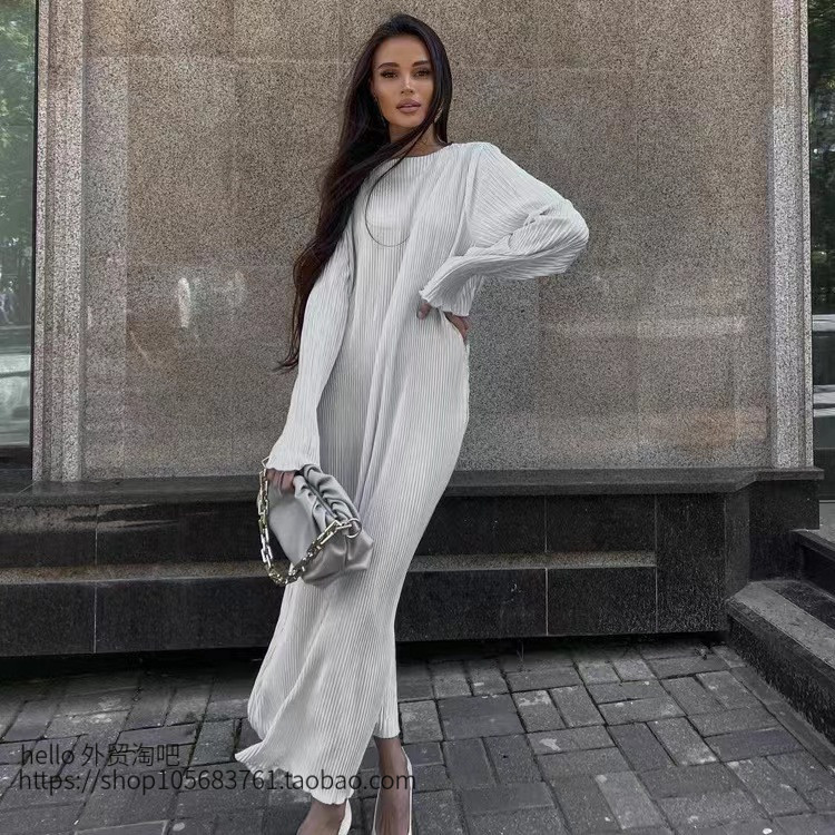 欧美圆领长袖纯色宽松褶